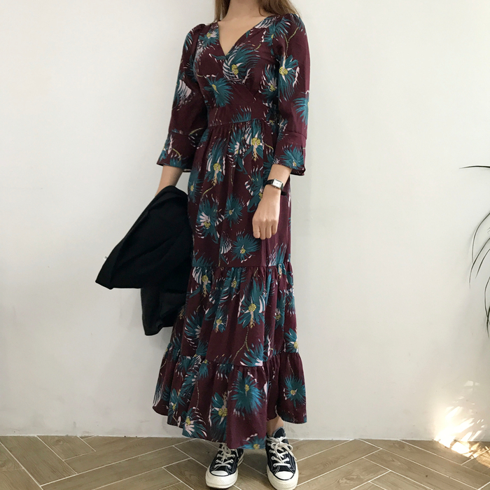 New Women Dress Flower Race Maxi Autumn Long Dress