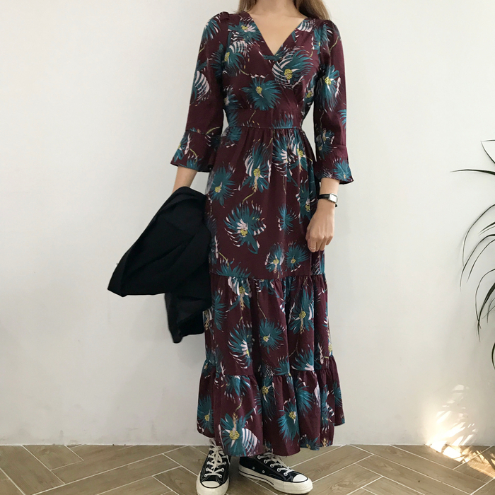 New Women Dress Flower Race Maxi Autumn Long Dress