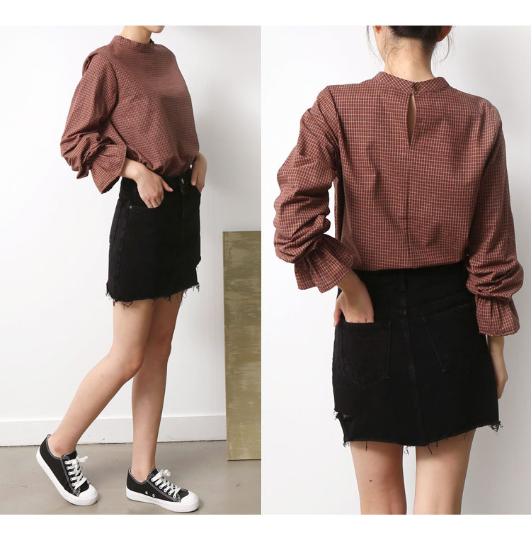 Women Blouses Check Sleeve Shirring Blouse-SWT1021