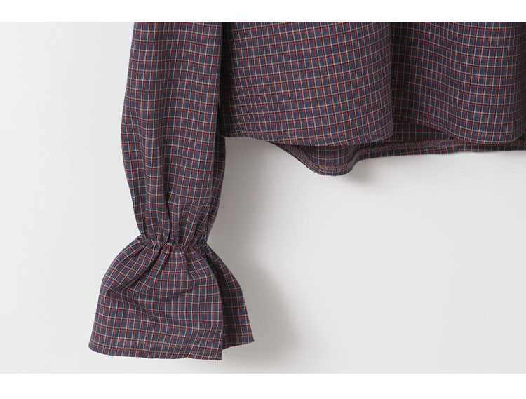 Women Blouses Check Sleeve Shirring Blouse-SWT1021