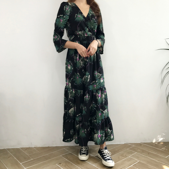 New Women Dress Flower Race Maxi Autumn Long Dress