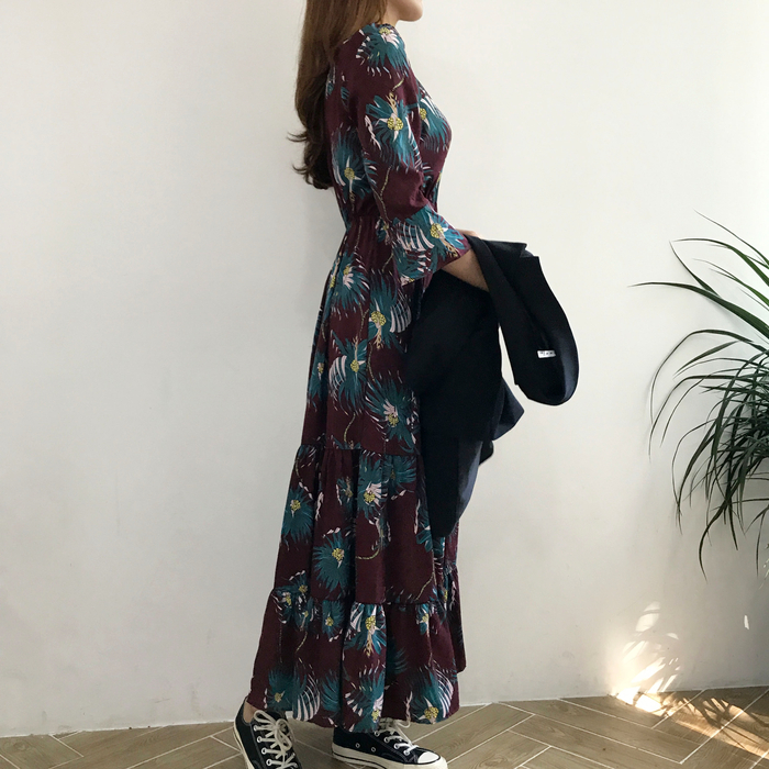 New Women Dress Flower Race Maxi Autumn Long Dress