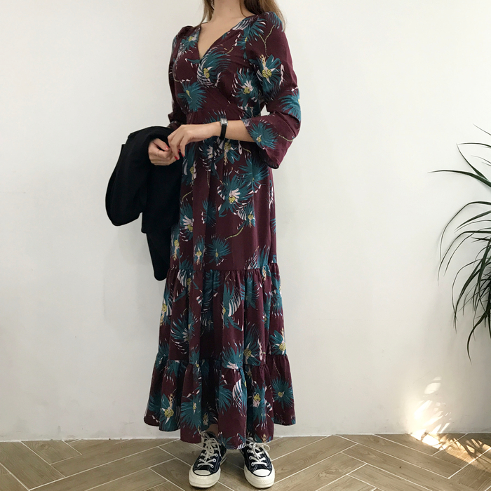 New Women Dress Flower Race Maxi Autumn Long Dress