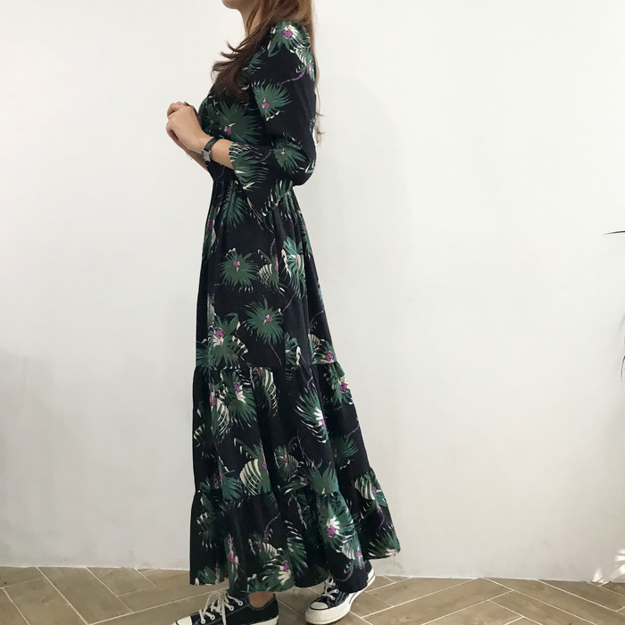 New Women Dress Flower Race Maxi Autumn Long Dress