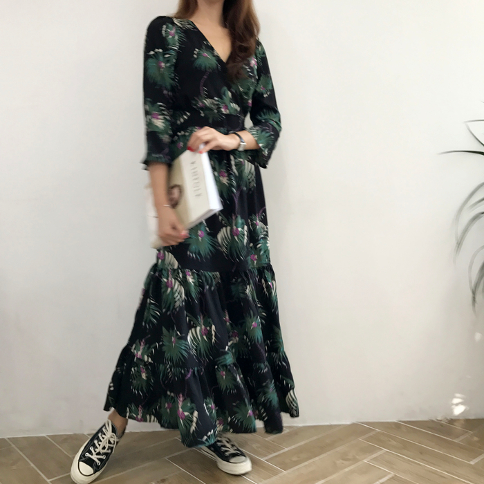 New Women Dress Flower Race Maxi Autumn Long Dress
