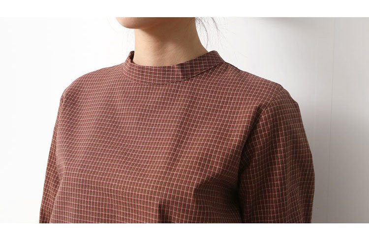 Women Blouses Check Sleeve Shirring Blouse-SWT1021