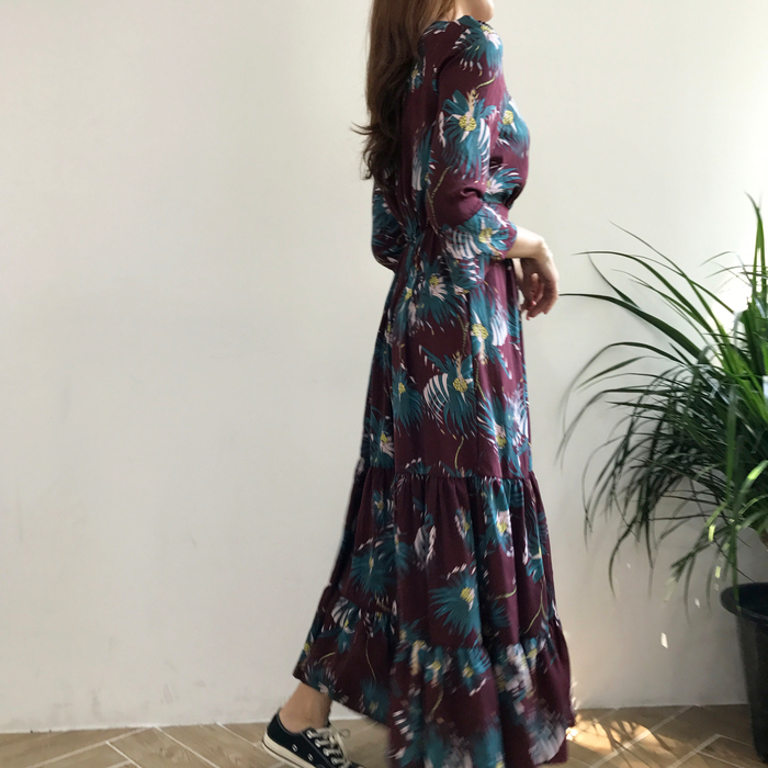 New Women Dress Flower Race Maxi Autumn Long Dress