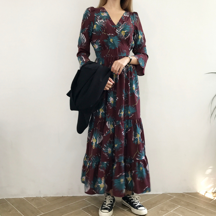 New Women Dress Flower Race Maxi Autumn Long Dress