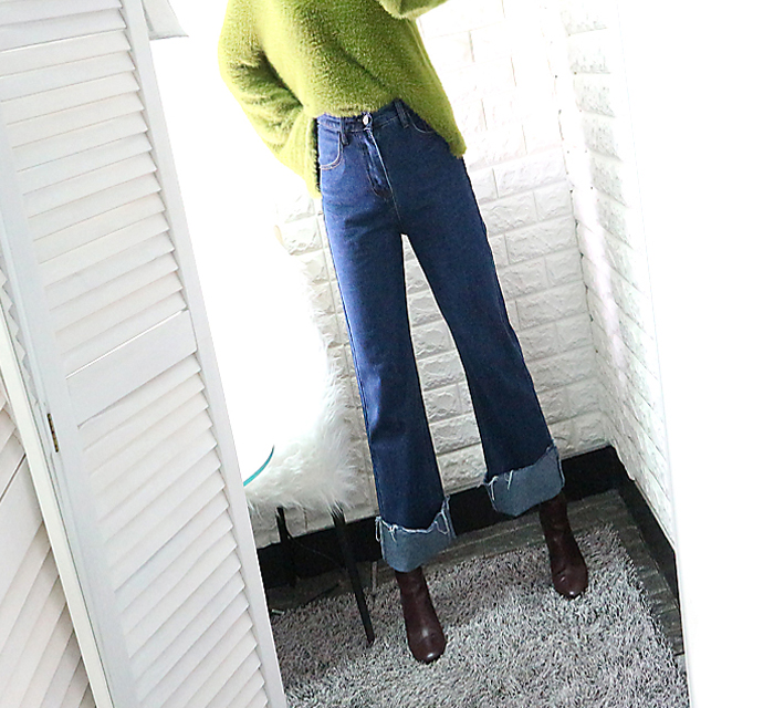 Women Jeans Pants High Waist Long Wide Denim Roll-