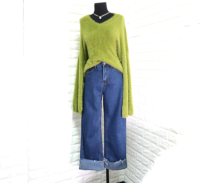 Women Jeans Pants High Waist Long Wide Denim Roll-