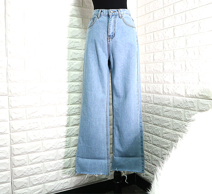 Women Jeans Pants High Waist Long Wide Denim Roll-