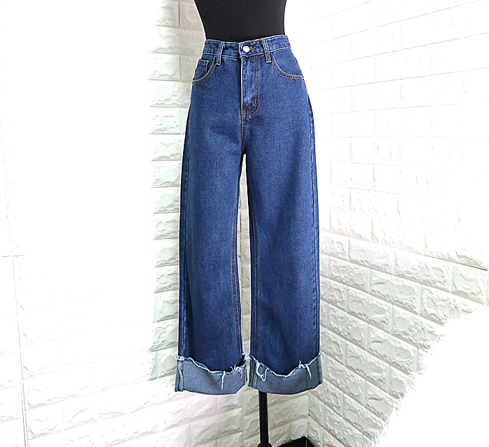 Women Jeans Pants High Waist Long Wide Denim Roll-