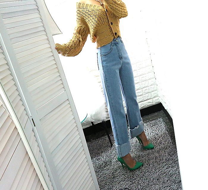 Women Jeans Pants High Waist Long Wide Denim Roll-