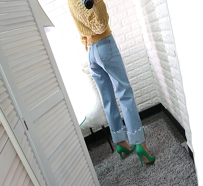 Women Jeans Pants High Waist Long Wide Denim Roll-