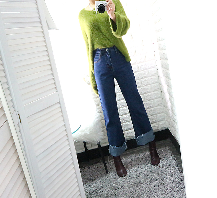 Women Jeans Pants High Waist Long Wide Denim Roll-