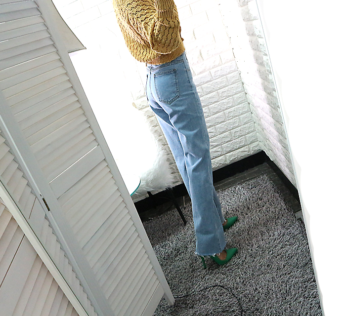 Women Jeans Pants High Waist Long Wide Denim Roll-