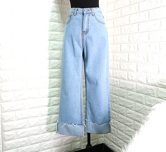Women Jeans Pants High Waist Long Wide Denim Roll-