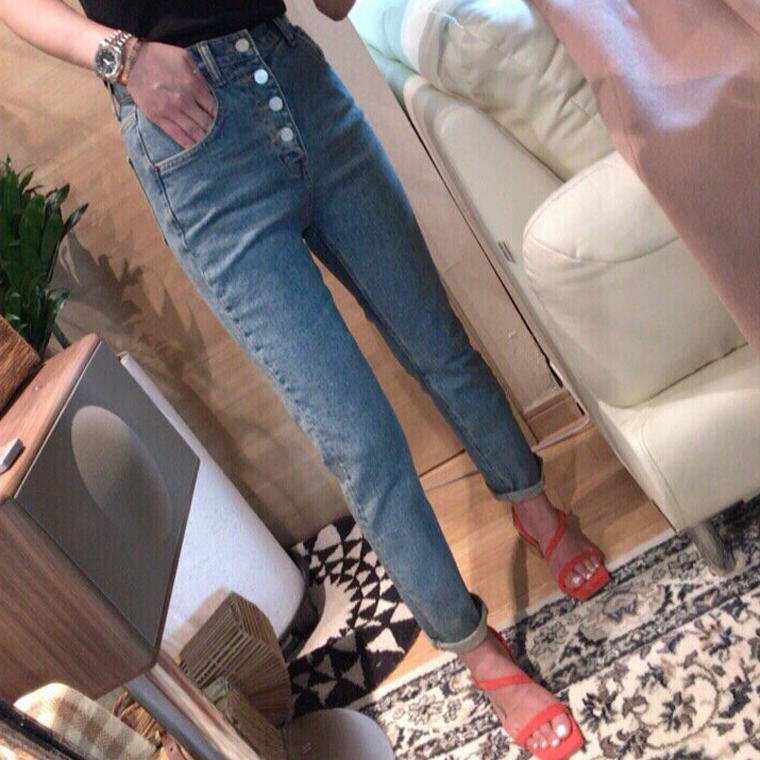 Women Jeans Pants 4 button high waisted jeans slim