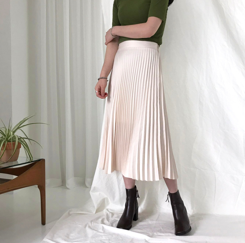 Banded Metal Pleated Long Skirt 4color Pleated Ski