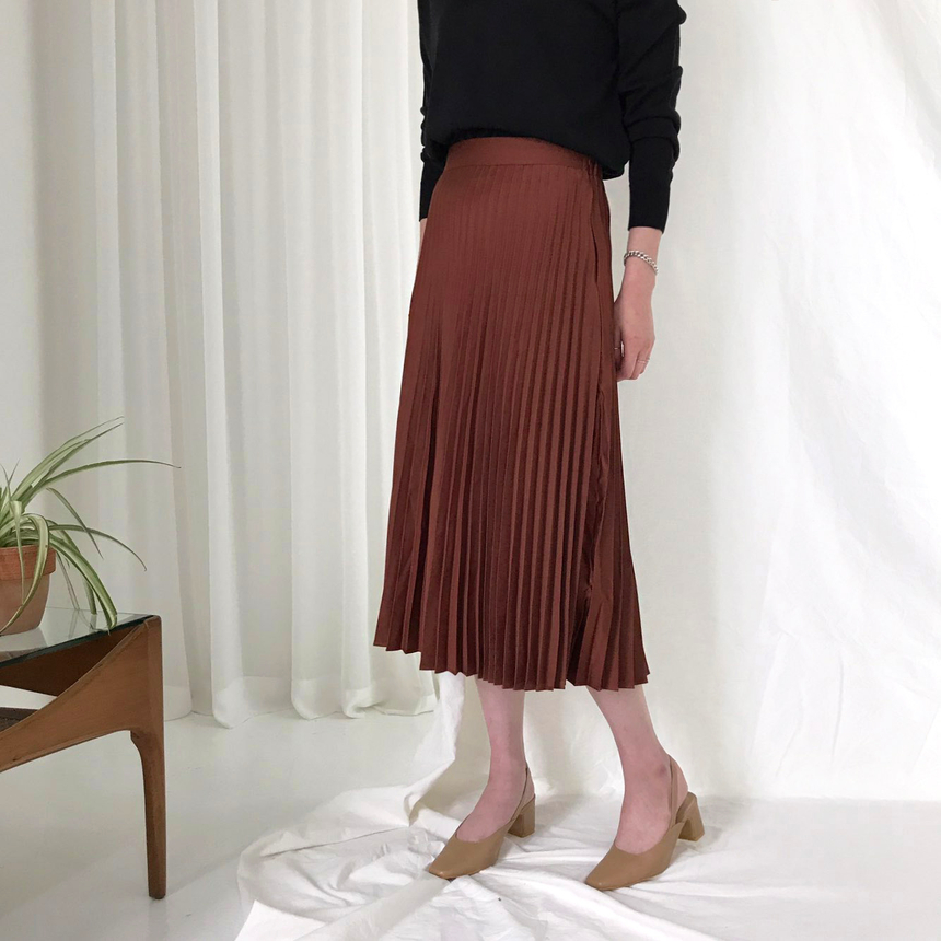 Banded Metal Pleated Long Skirt 4color Pleated Ski