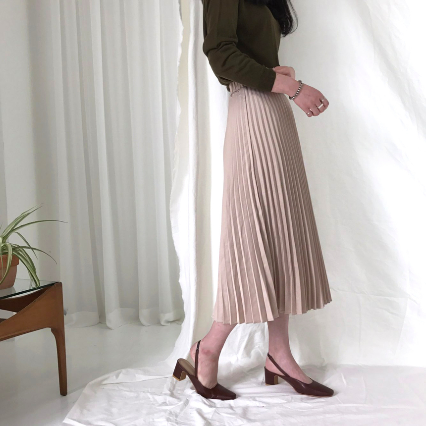 Banded Metal Pleated Long Skirt 4color Pleated Ski