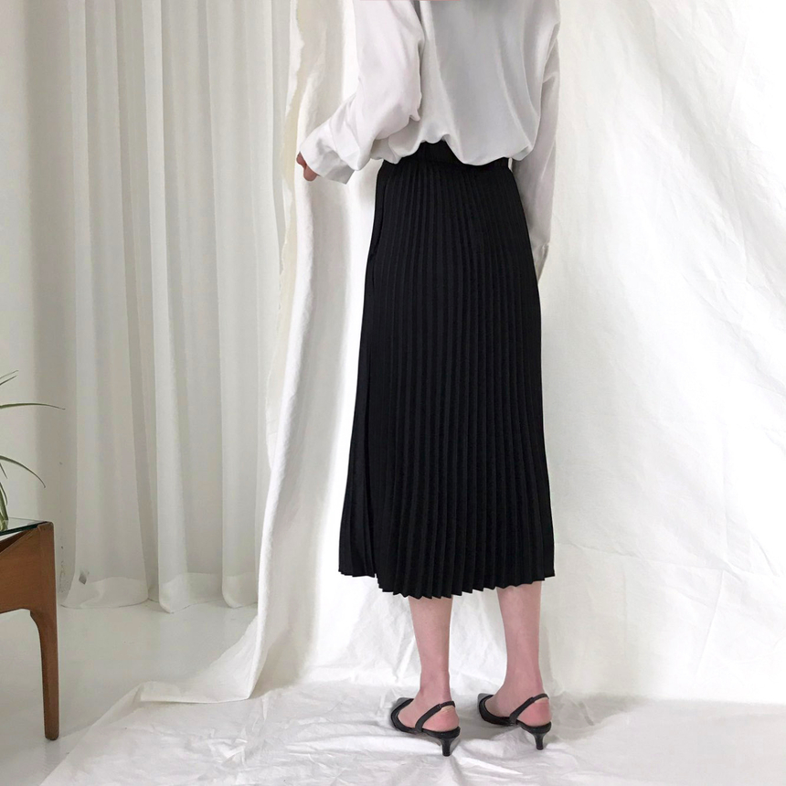 Banded Metal Pleated Long Skirt 4color Pleated Ski