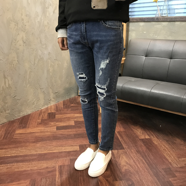 Korea Jeans Pants Biker Zipper Damage Jeans Man Je