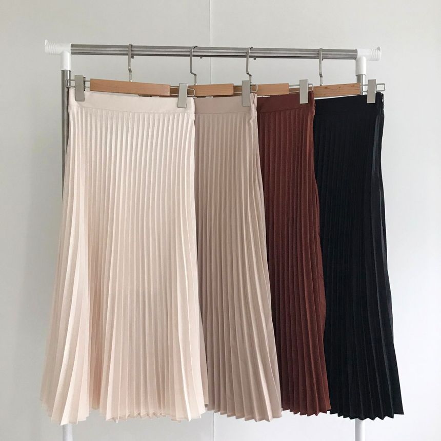 Banded Metal Pleated Long Skirt 4color Pleated Ski