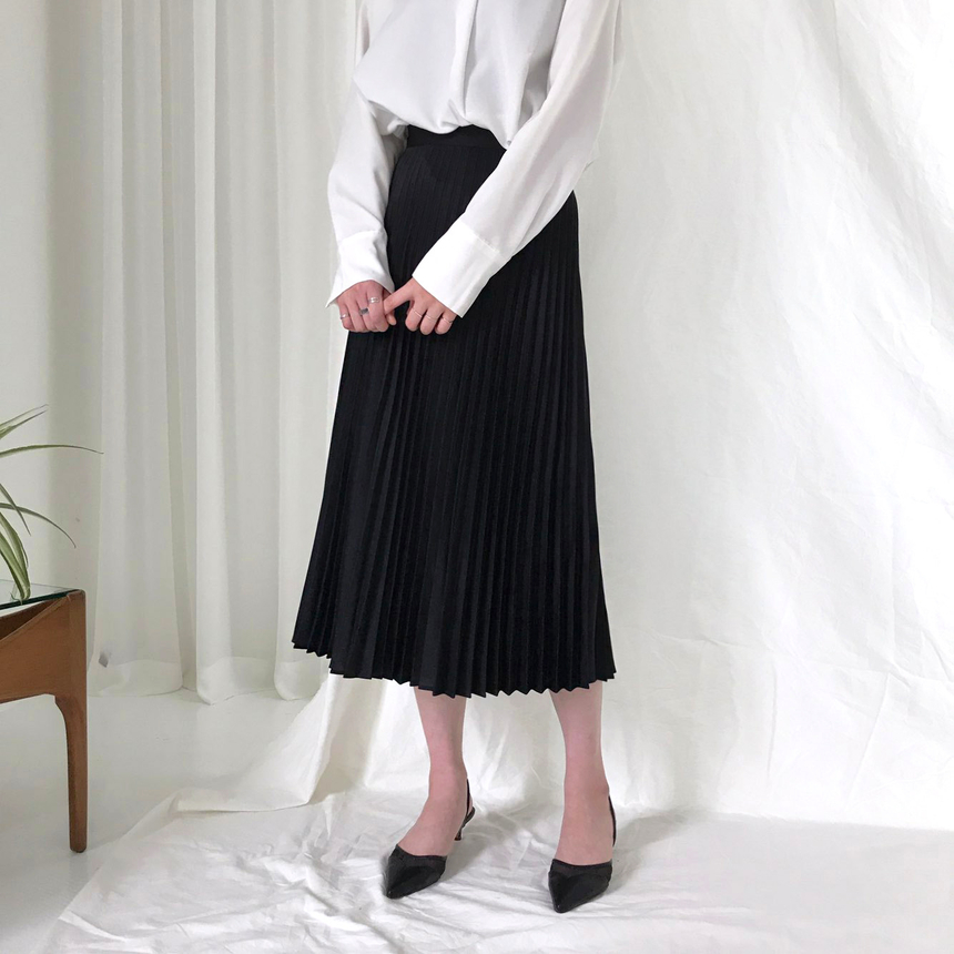 Banded Metal Pleated Long Skirt 4color Pleated Ski