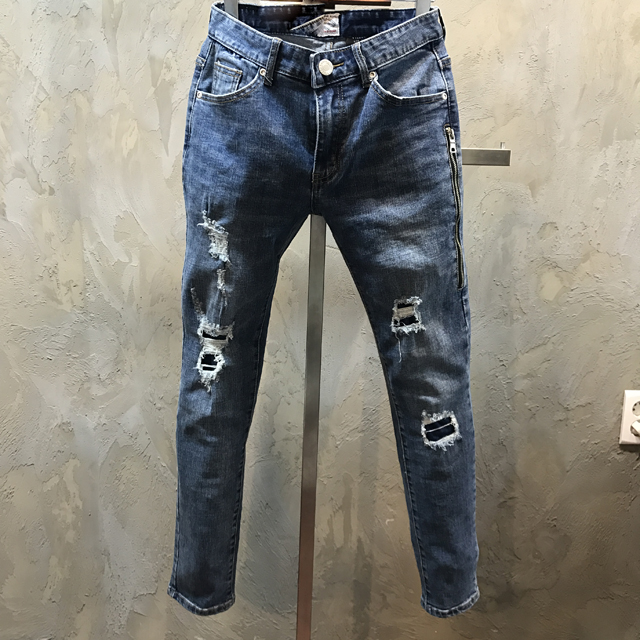 Korea Jeans Pants Biker Zipper Damage Jeans Man Je