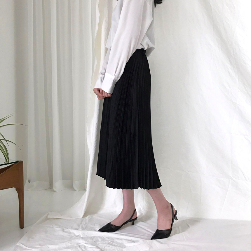 Banded Metal Pleated Long Skirt 4color Pleated Ski