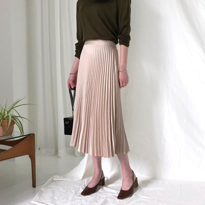 Banded Metal Pleated Long Skirt 4color Pleated Ski