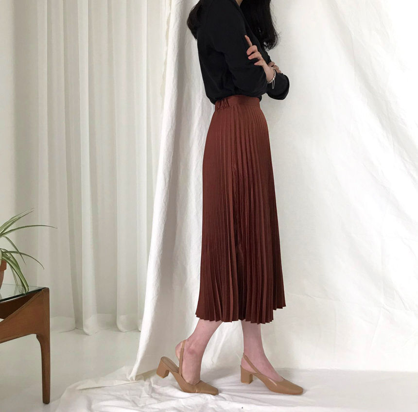Banded Metal Pleated Long Skirt 4color Pleated Ski
