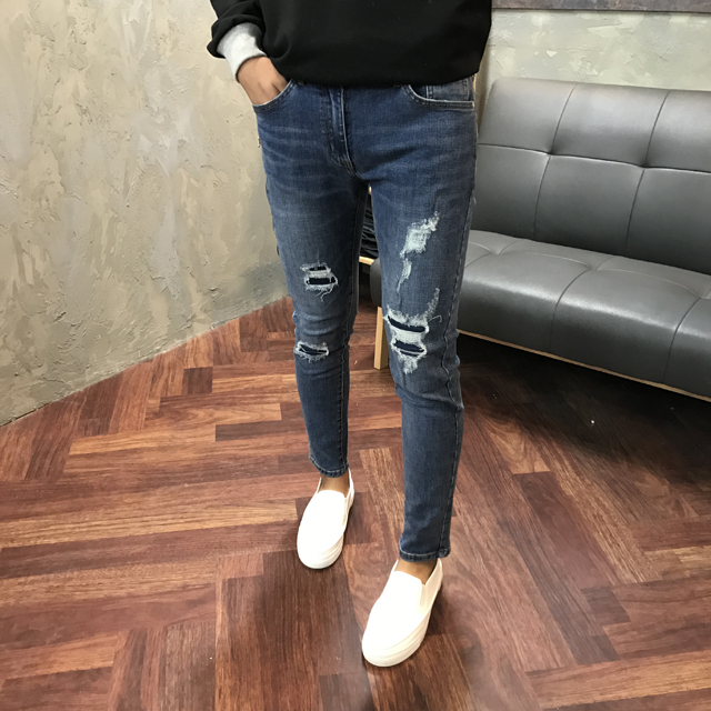 Korea Jeans Pants Biker Zipper Damage Jeans Man Je