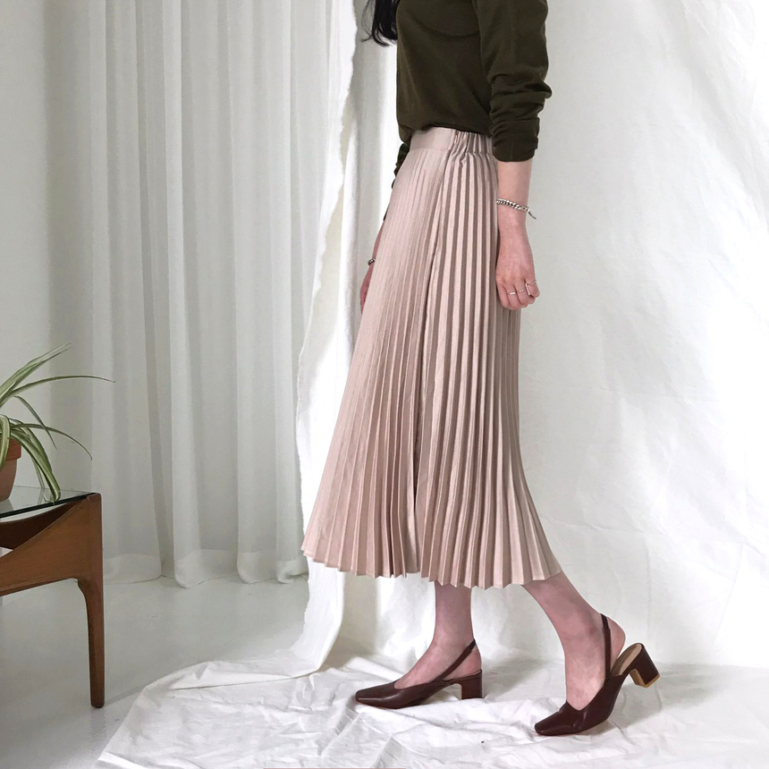 Banded Metal Pleated Long Skirt 4color Pleated Ski
