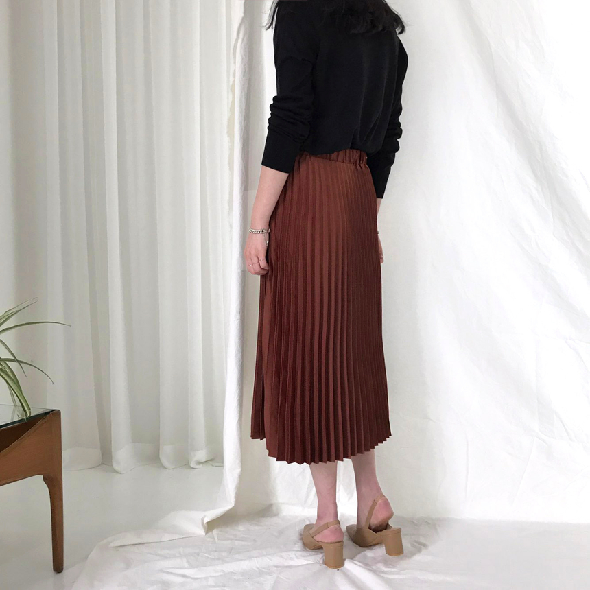 Banded Metal Pleated Long Skirt 4color Pleated Ski