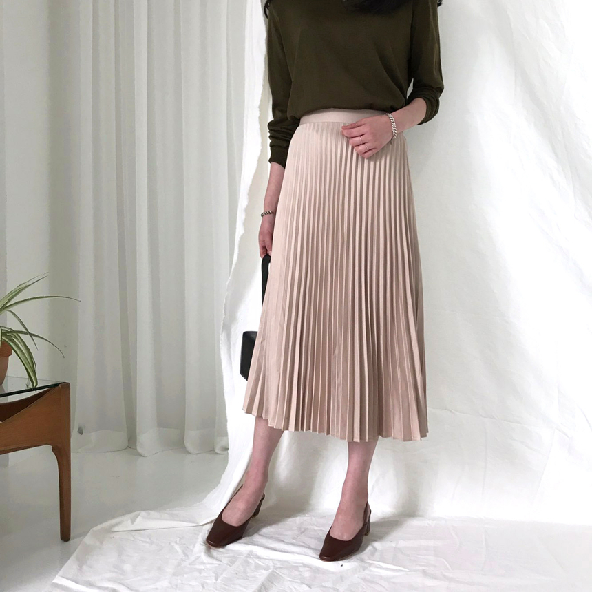 Banded Metal Pleated Long Skirt 4color Pleated Ski