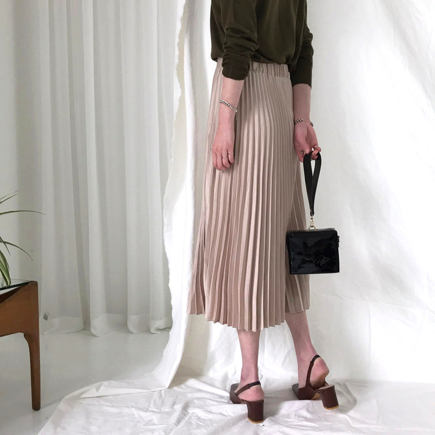 Banded Metal Pleated Long Skirt 4color Pleated Ski