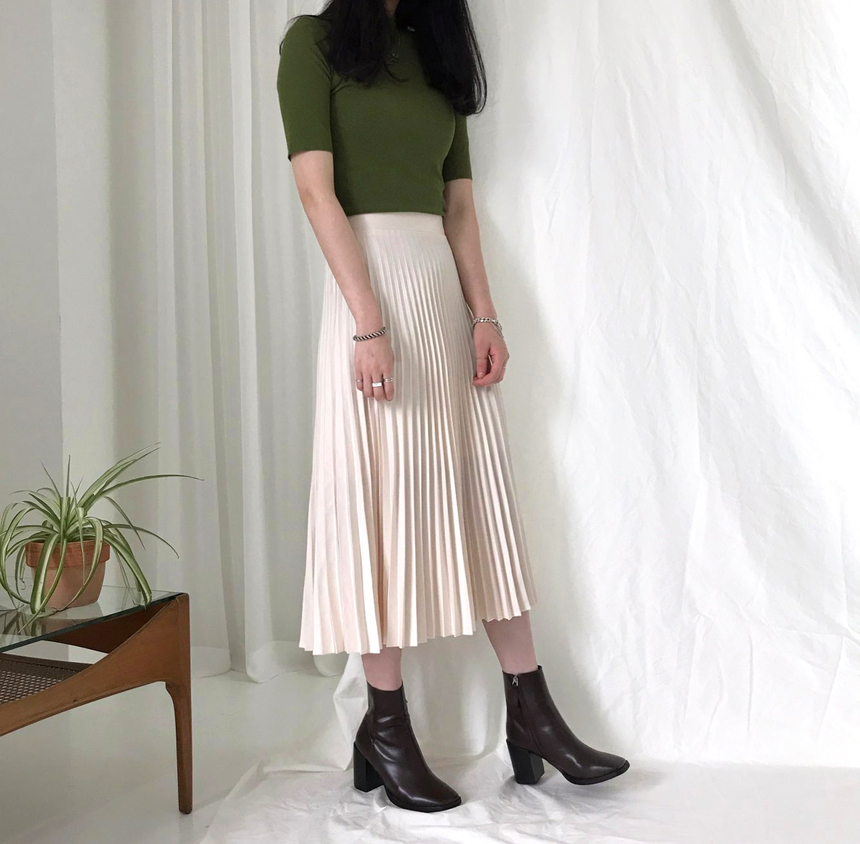 Banded Metal Pleated Long Skirt 4color Pleated Ski