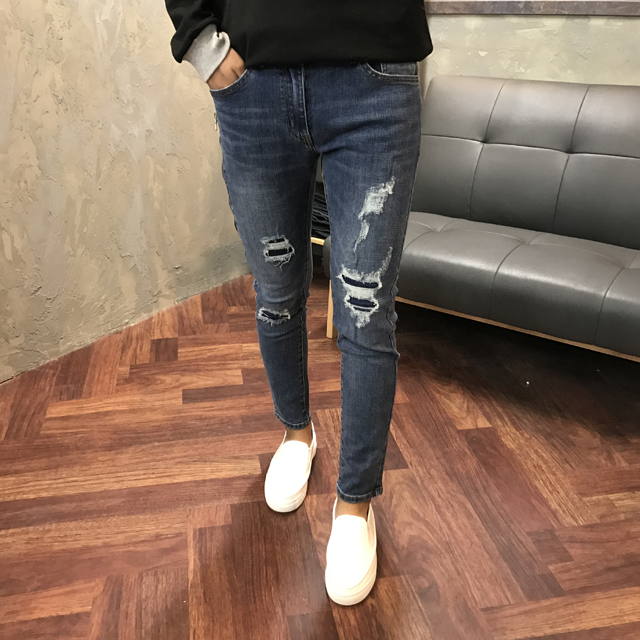 Korea Jeans Pants Biker Zipper Damage Jeans Man Je
