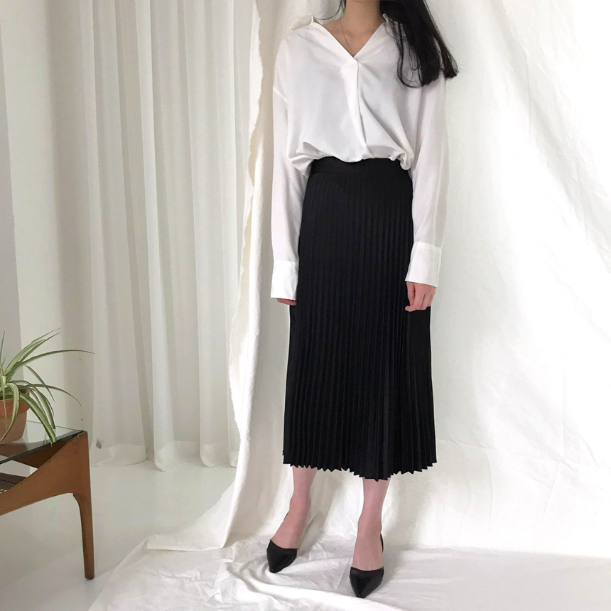 Banded Metal Pleated Long Skirt 4color Pleated Ski