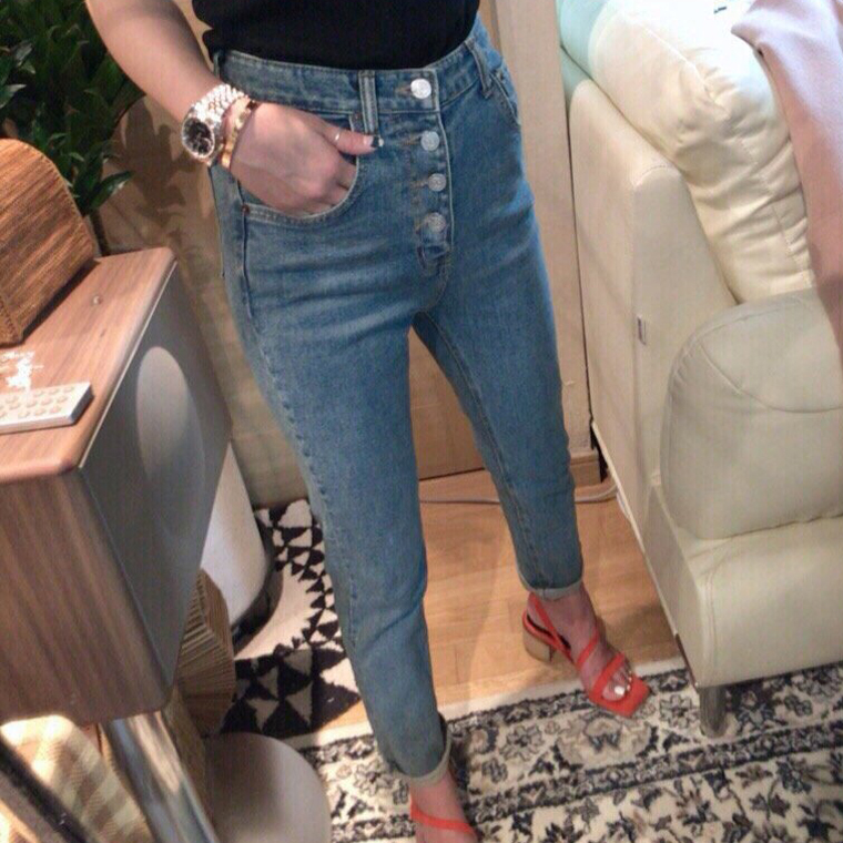 Women Jeans Pants 4 button high waisted jeans slim