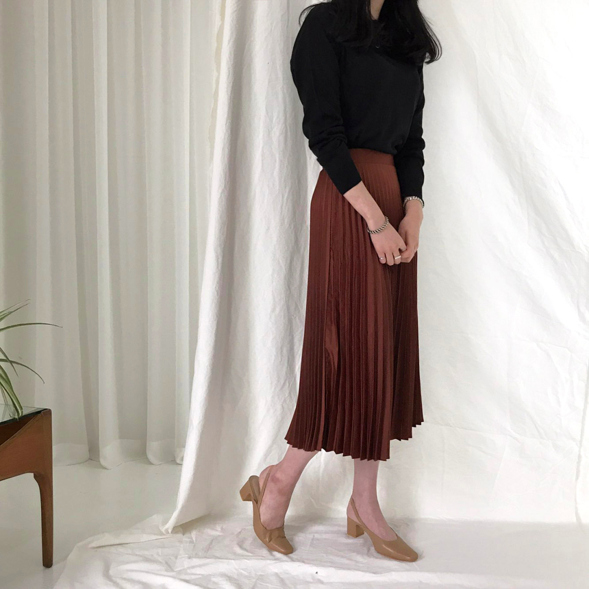 Banded Metal Pleated Long Skirt 4color Pleated Ski