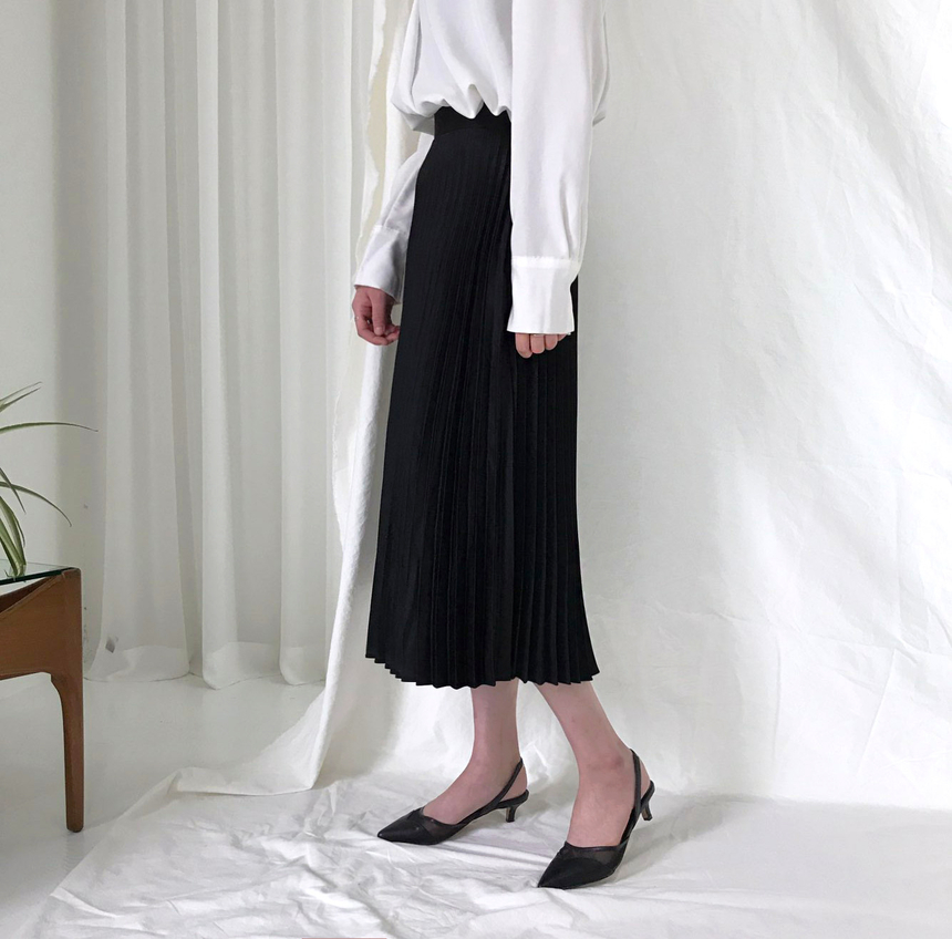 Banded Metal Pleated Long Skirt 4color Pleated Ski