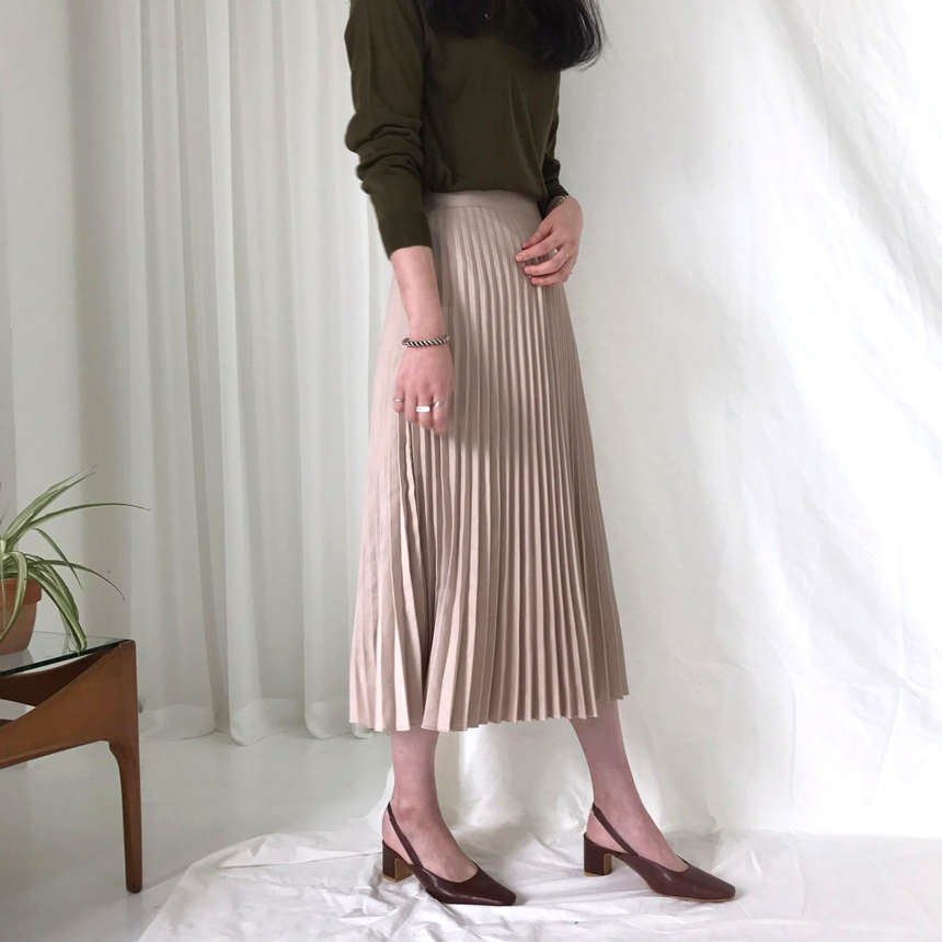 Banded Metal Pleated Long Skirt 4color Pleated Ski