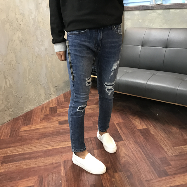 Korea Jeans Pants Biker Zipper Damage Jeans Man Je