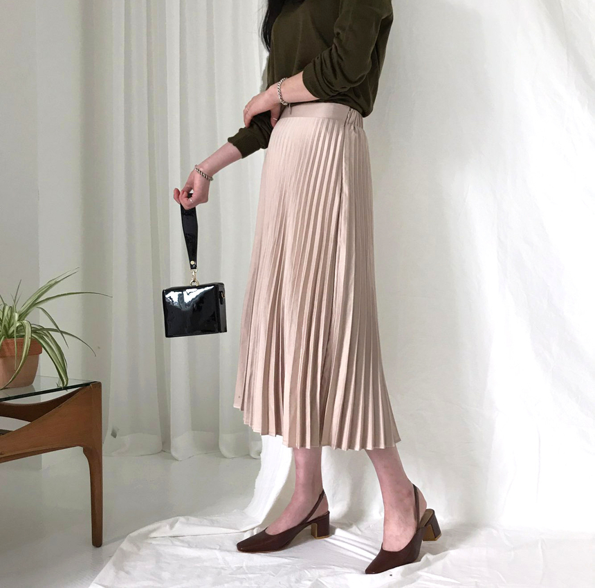 Banded Metal Pleated Long Skirt 4color Pleated Ski