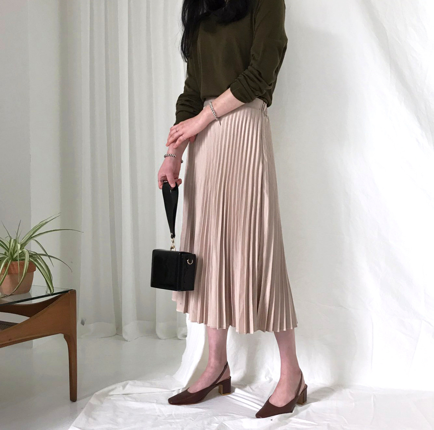 Banded Metal Pleated Long Skirt 4color Pleated Ski