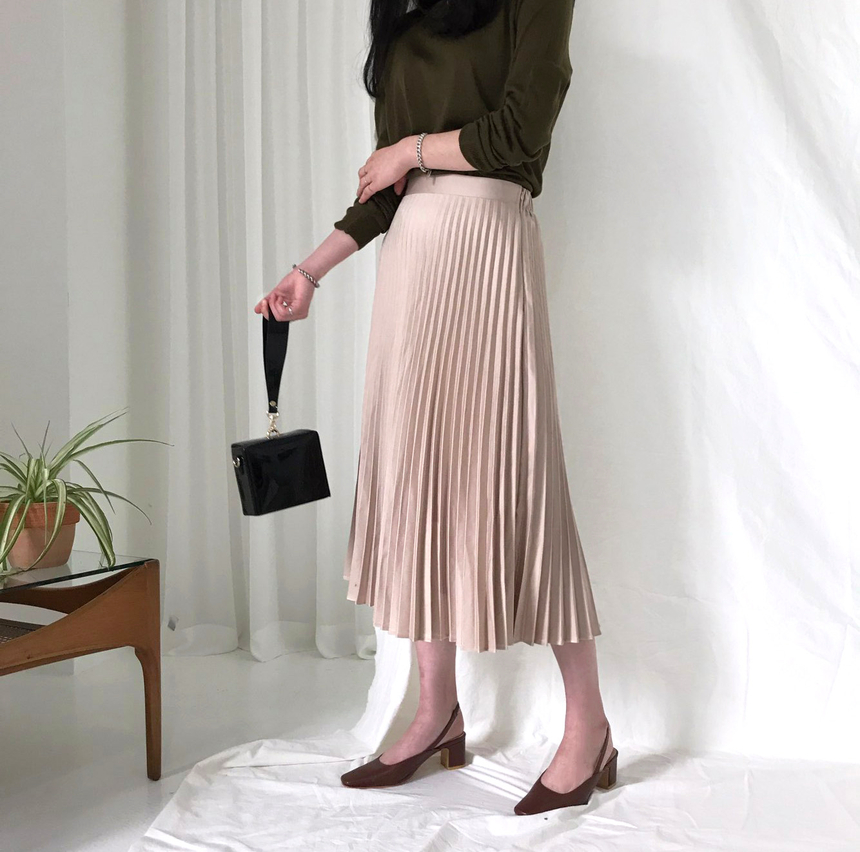 Banded Metal Pleated Long Skirt 4color Pleated Ski