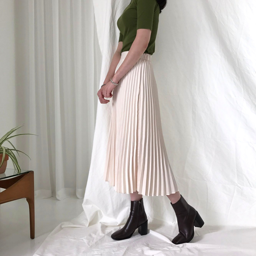 Banded Metal Pleated Long Skirt 4color Pleated Ski